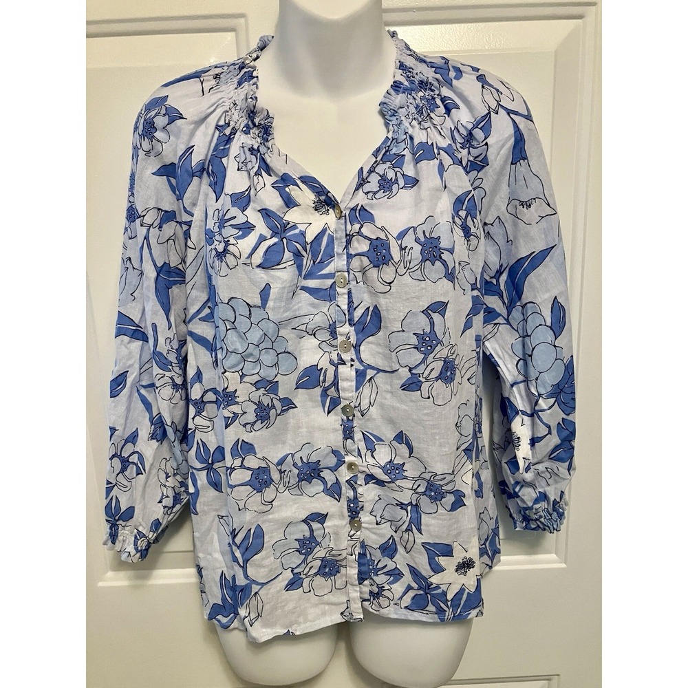 Casa Cabana Sz XS Light Blue White Floral Button Up Shirt Linen Blend Women’s